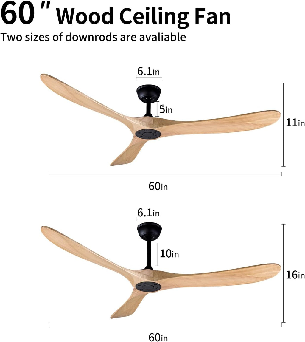 60' Modern Ceiling Fan, Bedroom Fan With Remote Control, 2 Downrods, Reversible DC Motor 27W Quiet Energy Saving