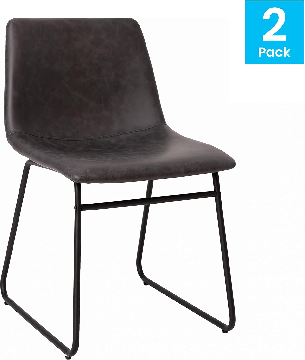 Flash Furniture Butler 18' LeatherSoft Dining Table Height Chairs, Mid-Century Modern Bucket Style Dining Chairs, Set of 2, Dark Gray/Black