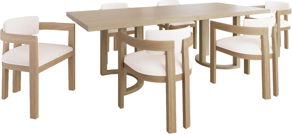 Christopher Knight Home Enat 7-Piece Wooden Dining Table Set for 6, Modern Kitchen Table and Chair Set for 6, Contemporary Dining Room Furniture Set with 6 Upholstered Armchairs, Natural Ash+Beige