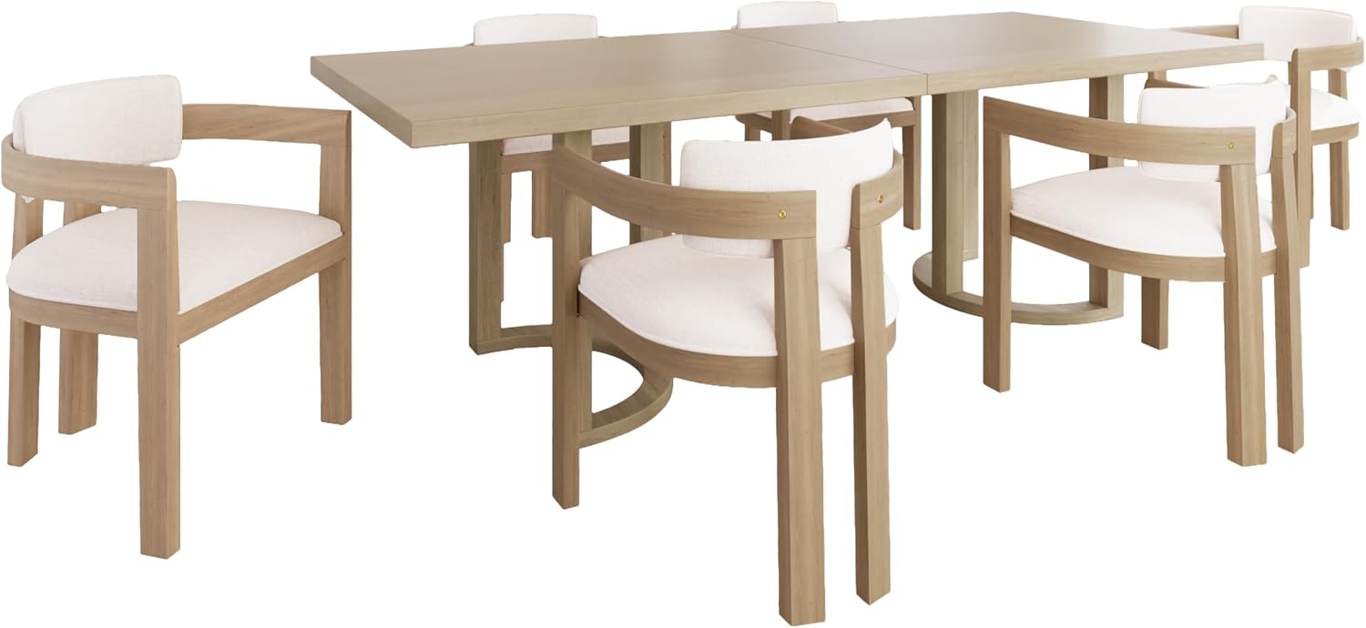 Christopher Knight Home Enat 7-Piece Wooden Dining Table Set for 6, Modern Kitchen Table and Chair Set for 6, Contemporary Dining Room Furniture Set with 6 Upholstered Armchairs, Natural Ash+Beige