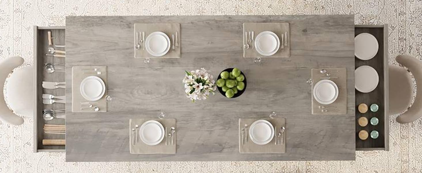 IDEALHOUSE Wood Dining Table for 6-8 with 2 Large Drawers, 70.87' Long Farmhouse Rectangular Kitchen Dining Table & Thick Table Top, Sturdy Frame, for Big Family, Dinette, Rustic Gray