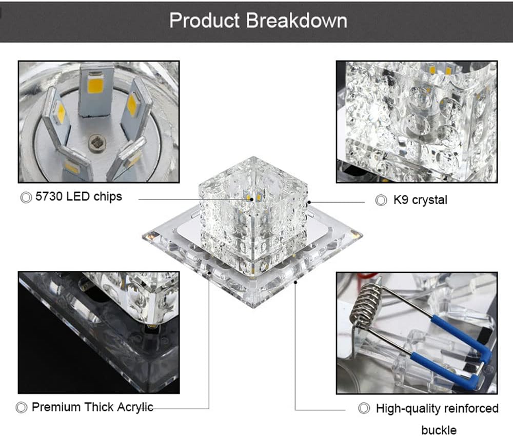 6 Piece Modern Crystal LED Downlights - Square Ceiling Spotlights for Indoor Bedroom Home Lighting - Warm White 5W/3W