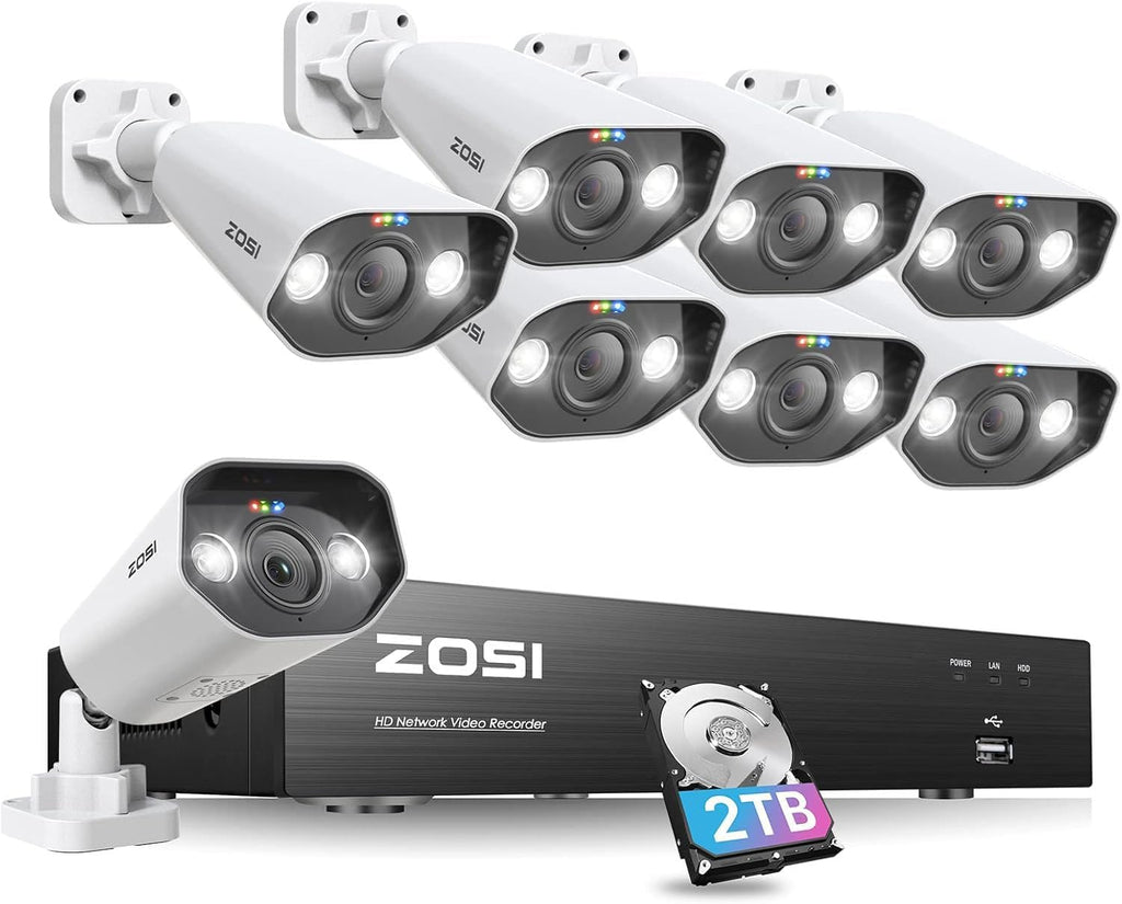 ZOSI 8CH 4K Spotlight PoE Security Camera System, 8 Ports 16CH 8MP NVR with 2TB HDD, 8 x 5MP Outdoor PoE IP Cameras, Person Vehicle Detection, 2-Way Audio, Night Vision, for Home 24-7 Recording
