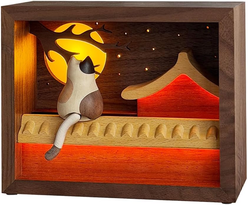 Wooden Cat Night Light with Warm Glow, 3D Layered Solid Wood Model, Touch Control Desk Lamp, Cozy Ambient Night Lamp, Relaxing Home Decor, Aesthetic Desk & Shelf Decor for Bedroom & Office
