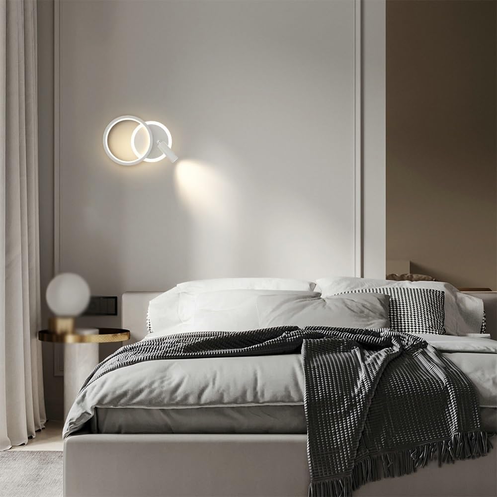 Ring Bedside Wall Sconce, Round Metal Wall Lamp with Acrylic Lampshade, Adjustable Reading Spotlight, Modern LED Wall Light - 18W - 3 Colors, Indoor Lighting Wall Lamps for Bedroom