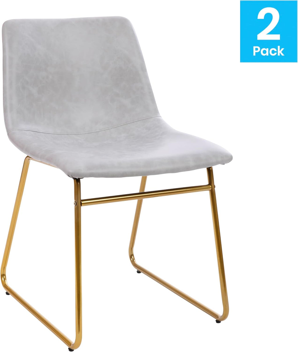 Flash Furniture Butler 18' LeatherSoft Dining Table Height Chairs, Mid-Century Modern Bucket Style Dining Chairs, Set of 2, Light Gray/Gold