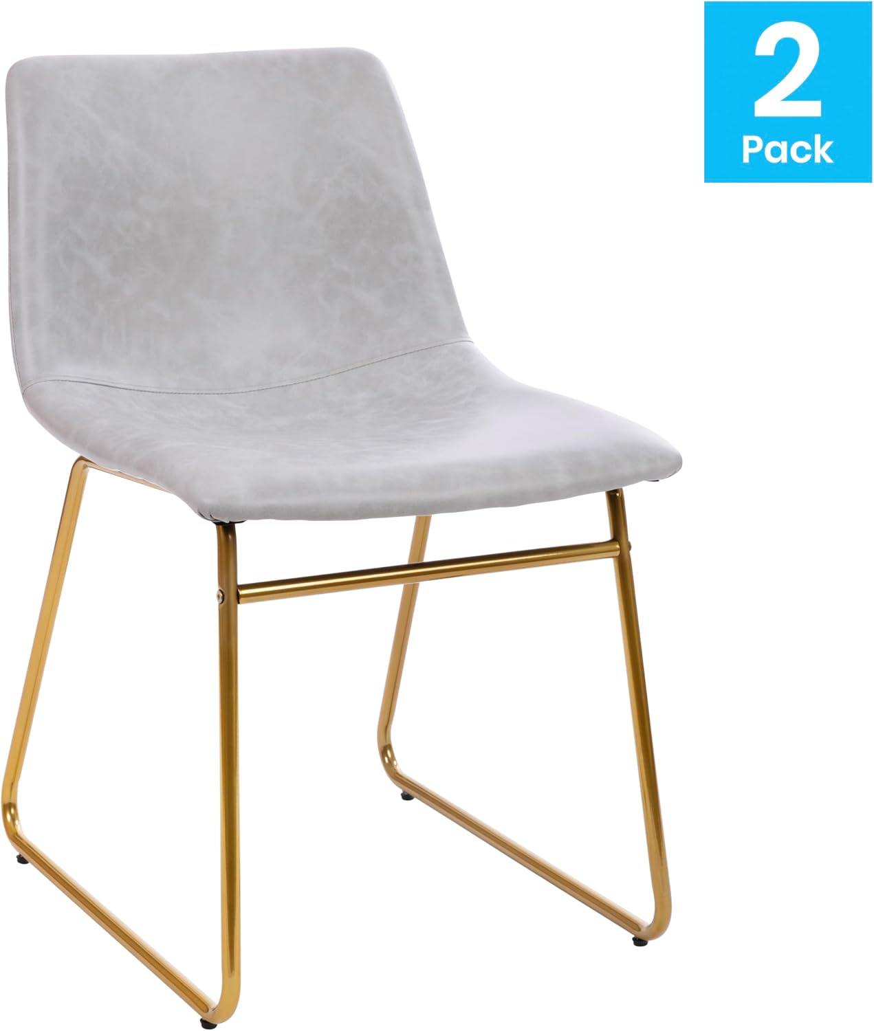Flash Furniture Butler 18' LeatherSoft Dining Table Height Chairs, Mid-Century Modern Bucket Style Dining Chairs, Set of 2, Light Gray/Gold
