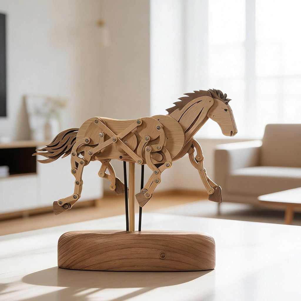 3D Wooden Qianli Horse Dynamic Model, Handmade Animals Sculpture with Traditional Mortise-and-Tenon Assembly, Desktop Relaxation Decor & Art Gift for Adults
