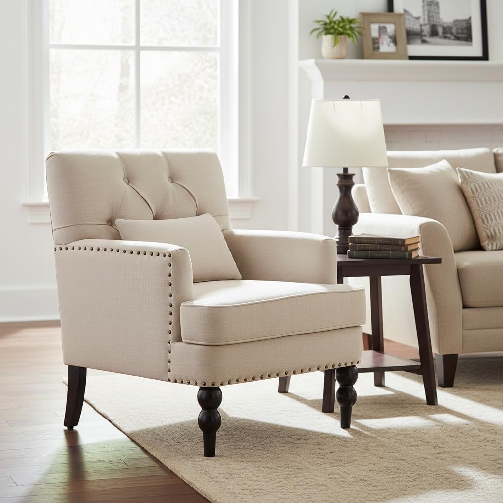 HUIMO Tufted Club Chair,Accent Chair with Lumbar Pillow, Upholstered Button Armchair, Linen Fabric Sofa Chairs for Bedroom, Living Room, Mid Century Modern with Studded Reading Chair Beige
