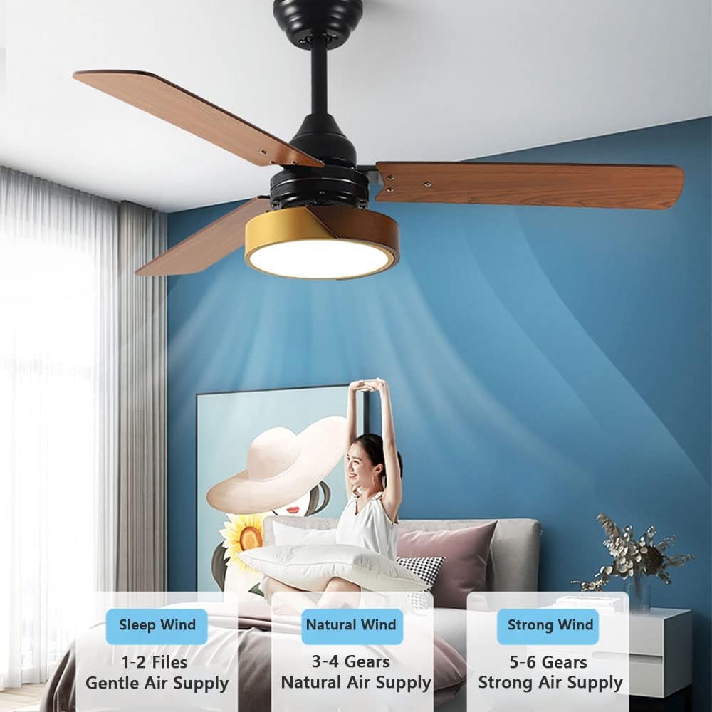 Wood Remote Ceiling Fan with Lights 42 Inch Dimmable Ceiling Fan Light 6 Speed LED Bedroom Living Room Ceiling Fan 3-Blade Outdoor Ceiling Fans for Patios with Light