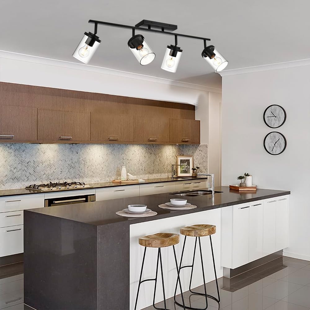 BONLICHT Ceiling Spotlights Track Lighting Kit 4 Light Bathroom Vanity Lighting Black Modern Multi-Directional Ceiling Mount Fixture Industrial Farmhouse Sconces Wall Mount Lamp with Clear Glass Shade