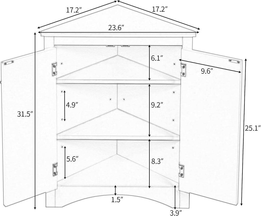 Corner Storage Cabinet with Two Doors for Bathroom, Living Room or Kitchen, Adjustable Shelf, Freestanding Floor Space Saver, Brown