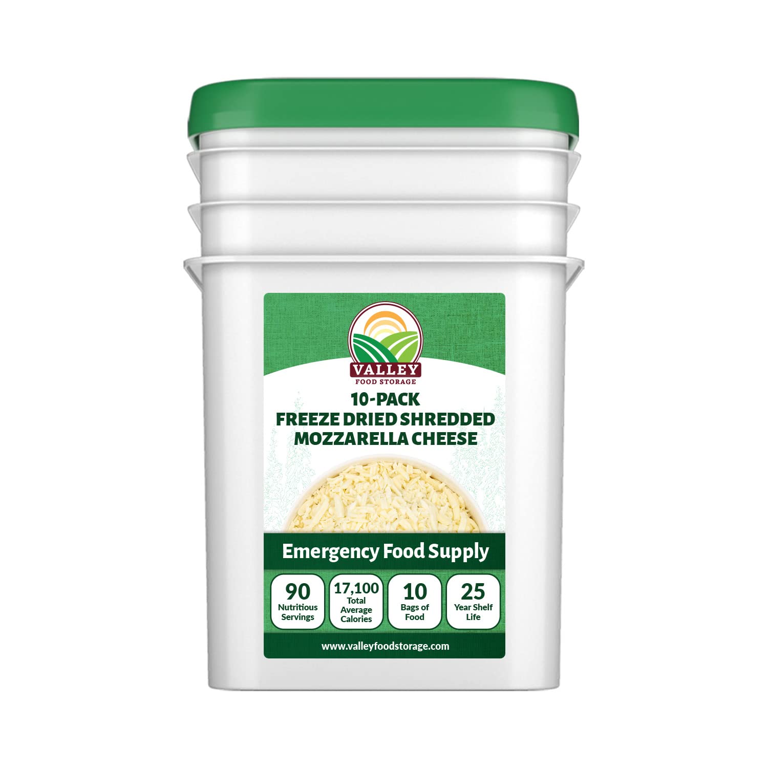 Freeze Dried Shredded Mozzarella Cheese 10-Bag Bucket, 95 Oz | Premium Emergency Food Supply 25 Year Shelf Life | Non-GMO Prepper Supplies, Survival Food Off Grid Living Supplies | Valley Food Storage