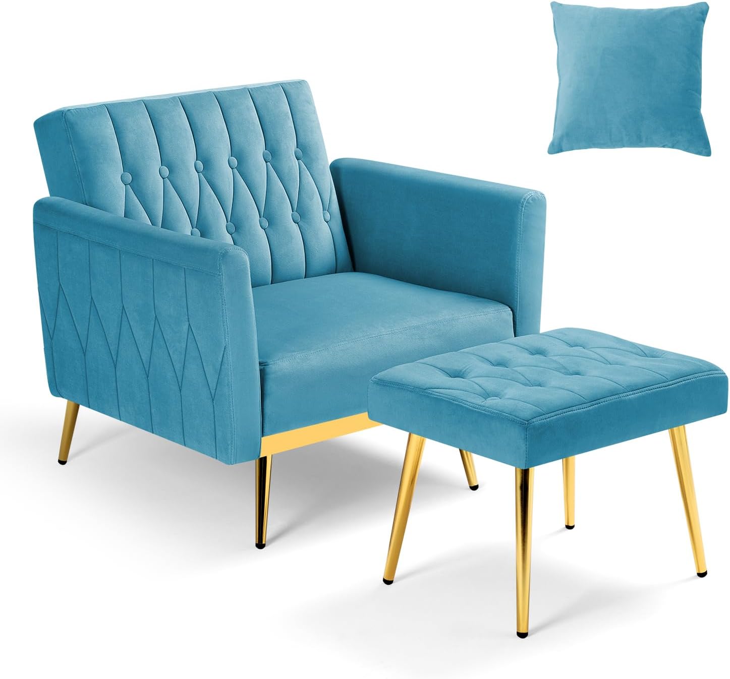 Velvet Accent Chair with Adjustable Armrests and Backrest, Button Tufted Lounge Chair, Single Recliner Armchair with Ottoman and Pillow for Living Room, Bedroom, Baby Blue