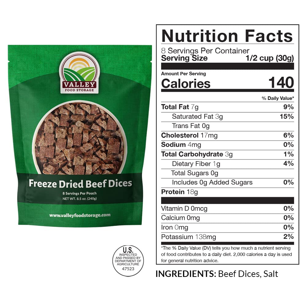 Freeze Dried Beef Dices 10-Bag Bucket, 85 Oz | Premium Emergency Food Supply 25 Year Shelf Life | Prepper Supplies, Survival Food, Off Grid Living Supplies | Valley Food Storage Packaged in USA