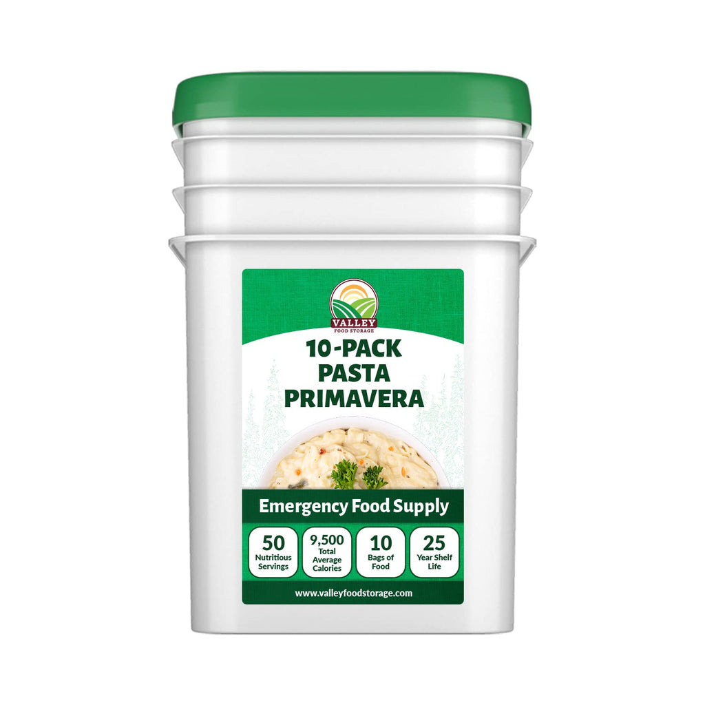 Valley Food Storage Pasta Primavera | 10-Bag Bucket, 50 Servings | Non-GMO Premium Emergency Food Supply, 25 Year Shelf Life | Survival Meal Kits, Prepper Food & Off-Grid Living Supplies, Packaged in USA