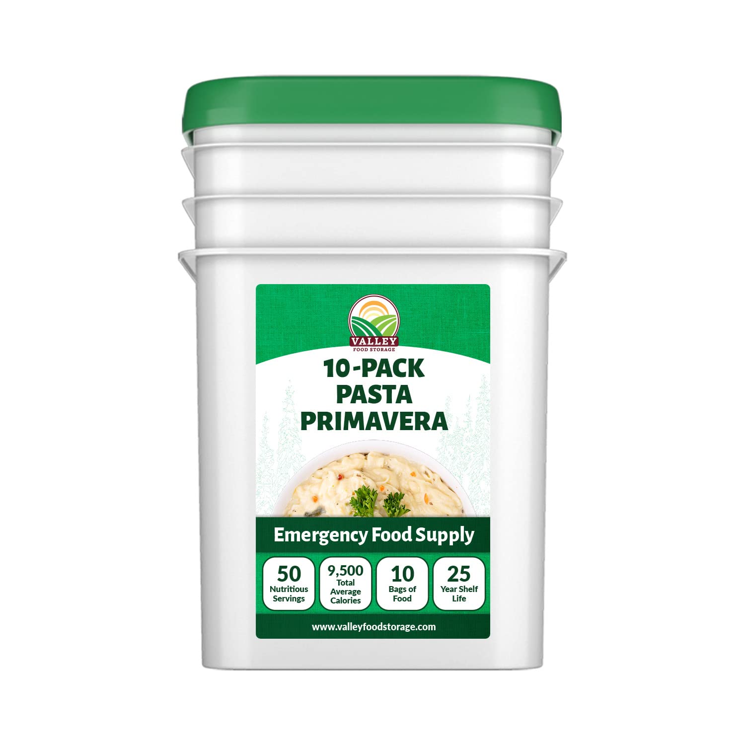 Valley Food Storage Pasta Primavera | 10-Bag Bucket, 50 Servings | Non-GMO Premium Emergency Food Supply, 25 Year Shelf Life | Survival Meal Kits, Prepper Food & Off-Grid Living Supplies, Packaged in USA