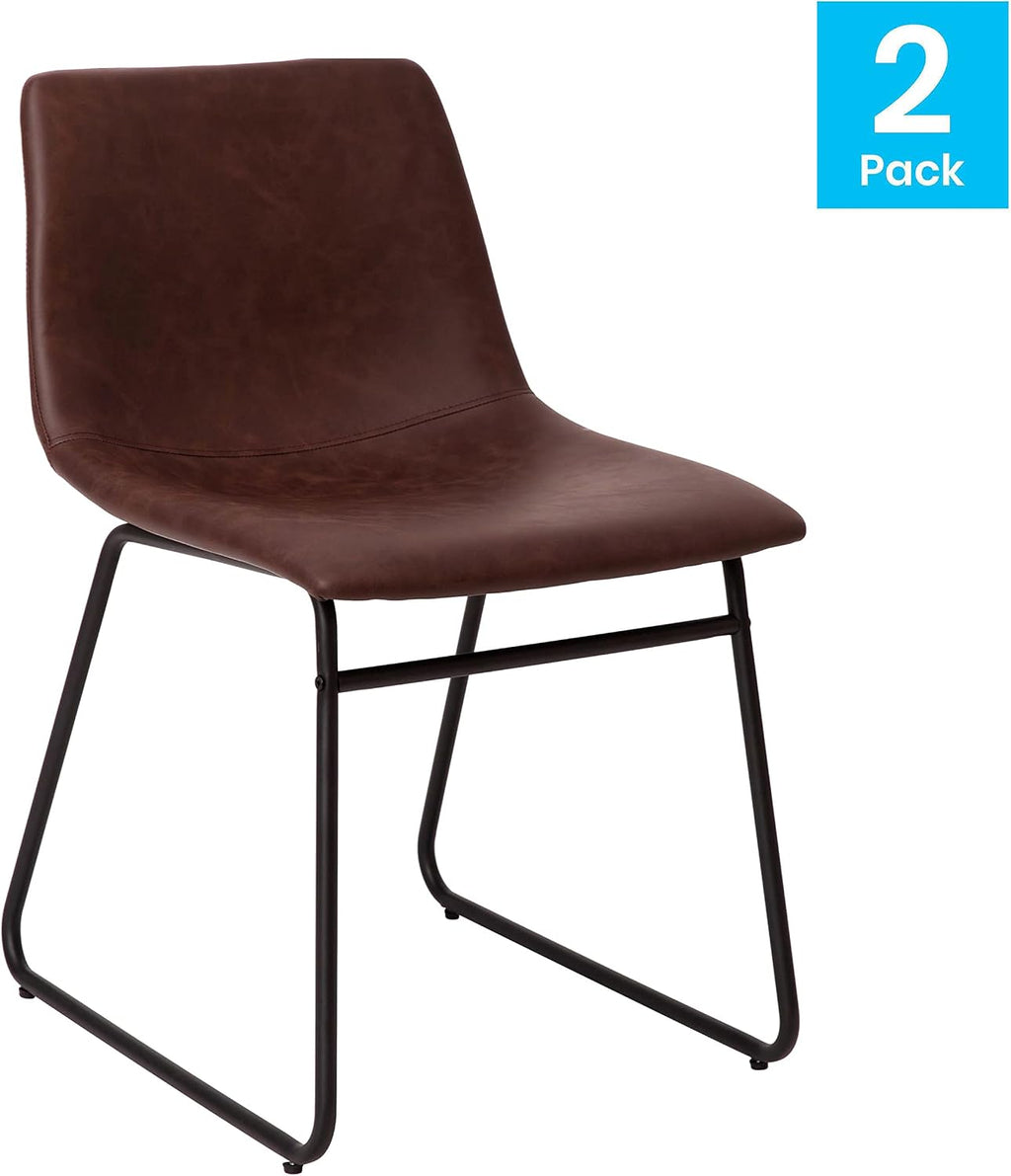 Flash Furniture Butler 18' LeatherSoft Dining Table Height Chairs, Mid-Century Modern Bucket Style Dining Chairs, Set of 2, Dark Brown/Black