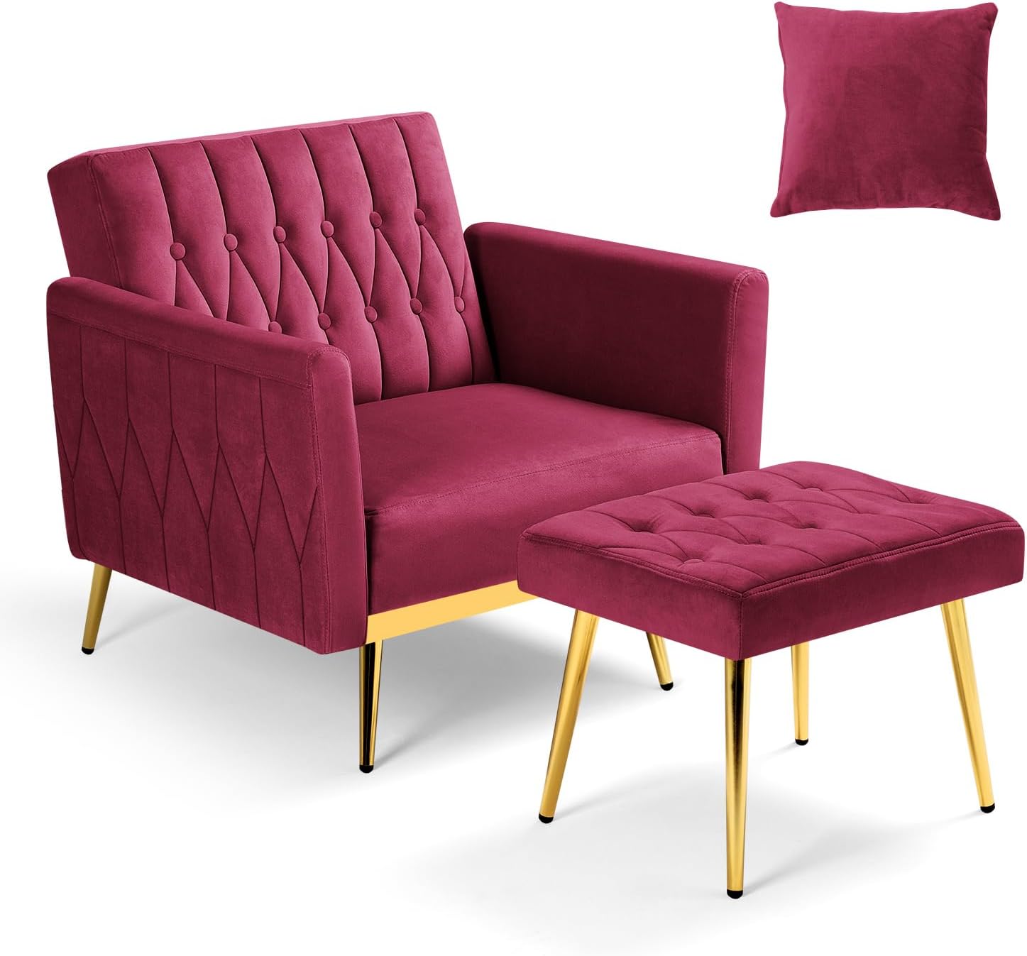 Velvet Accent Chair with Adjustable Armrests and Backrest, Button Tufted Lounge Chair, Single Recliner Armchair with Ottoman and Pillow for Living Room, Bedroom, Fuchsia