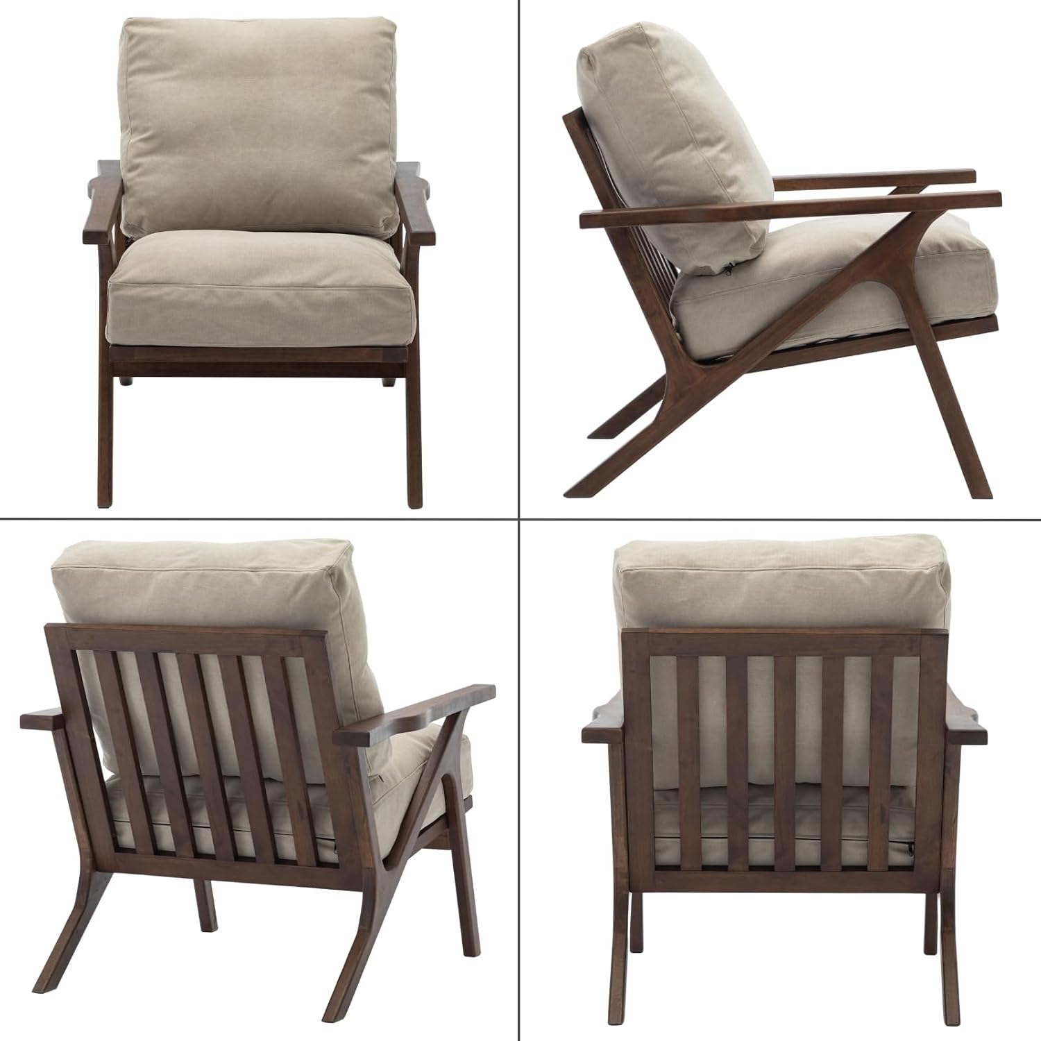 chairus Mid-Century Modern Accent Chair with Ottoman, Comfy Upholstered Lounge Armchair with Removable Cushions & Solid Wood Frame, Reading Chair for Living Room Bedroom Office, Beige Denim Fabric