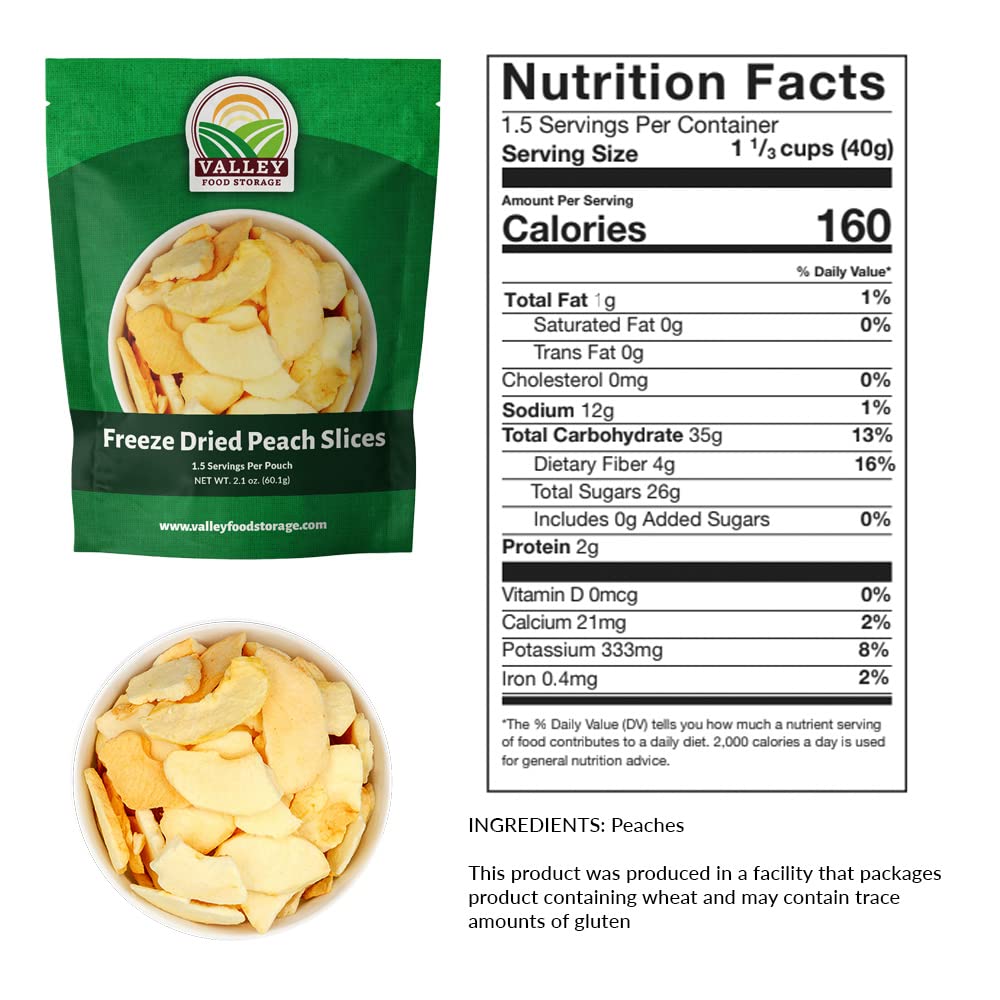 Valley Food Storage Freeze Dried Peach Slices | 10-Bag Bucket, 21 oz | Non-GMO Premium Emergency Food Supply, 25 Year Shelf Life | Prepper Supplies, Survival Food, Off-Grid Living | Packaged in USA