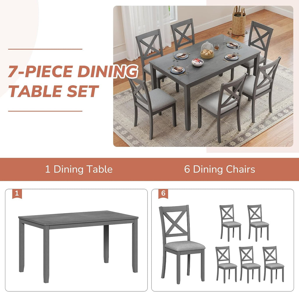 Zevemomo 7-Piece Solid Wood Dining Table Set with 6 Upholstered Chairs, Space Saving Dinner Table & Chairs Set, Farmhouse Wooden Legs Dining Table Set for Living Room, Kitchen, Grey