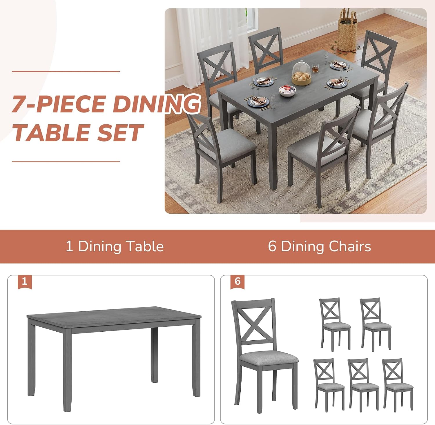 Zevemomo 7-Piece Solid Wood Dining Table Set with 6 Upholstered Chairs, Space Saving Dinner Table & Chairs Set, Farmhouse Wooden Legs Dining Table Set for Living Room, Kitchen, Grey
