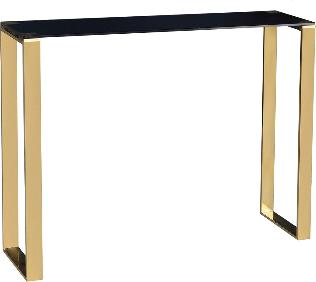 Cortesi Home Remini Narrow Contemporary Glass Console Table in Polished Gold Finish, Black Glass