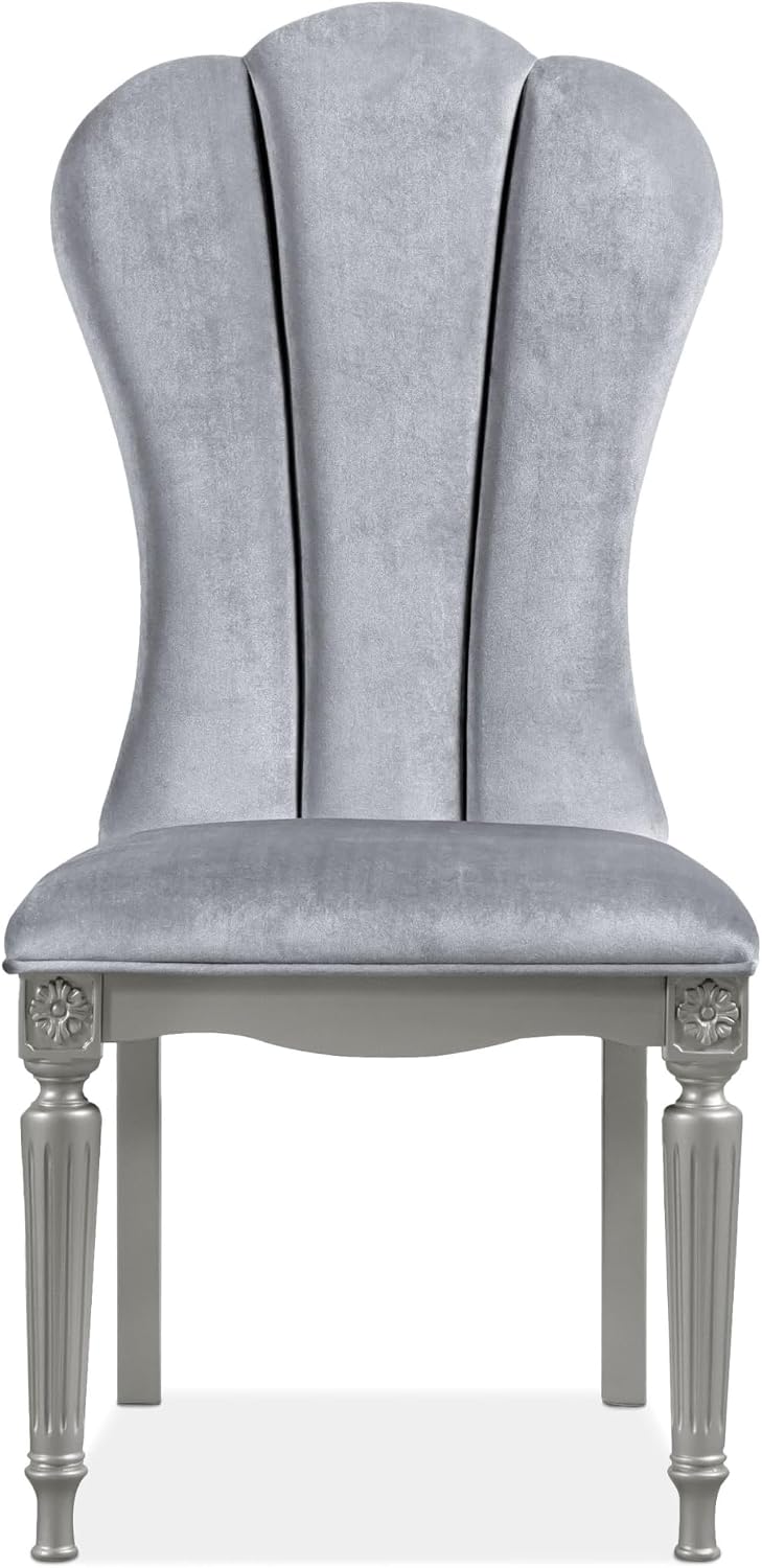 Furniture of America Seabliss Glam Solid Wood 5 Piece Dining Table Set with Upholstered Chairs, Turned Fluted Legs Design, Seats up to 4, for Home, Kitchen, Living Room, Silver