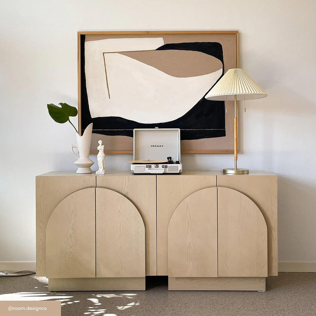 Nathan James Iris Mid-Century Modern Credenza, Light Brown TV Stand, Living Room Wood Storage Cabinet with Arched Cabinet Doors, White Oak, Set of 4