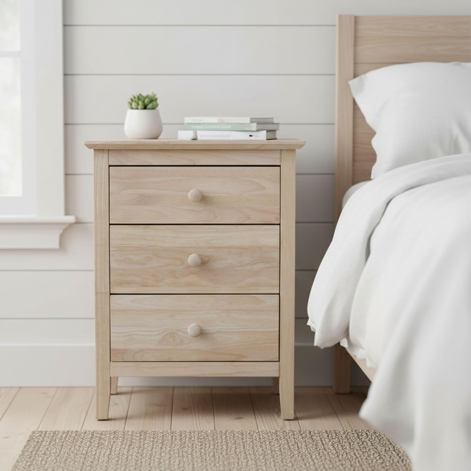 25'H Solid Wood Bedroom Nightstand with 3 Drawers, Parawood Construction, Paint or Stain in Any Color, Durable and Eco-Friendly, Unfinished