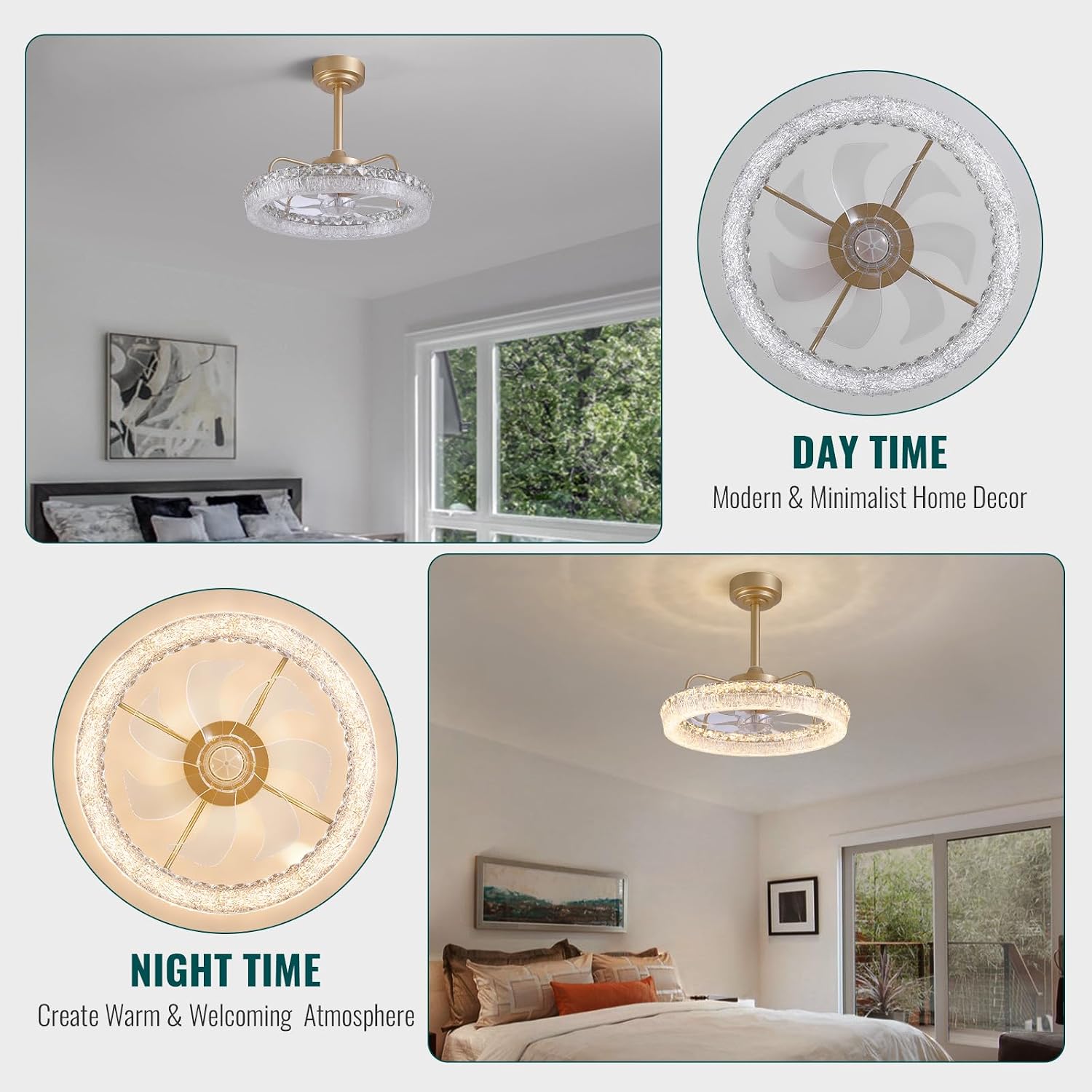 20'' Ceiling Fan with Lights and Remote, 3000-6000K Dimmable Low Profile Crystal Ceiling Fan, 6 Wind Speeds Modern Flush Mount LED Fandelier for Bedroom Living Room, Gold