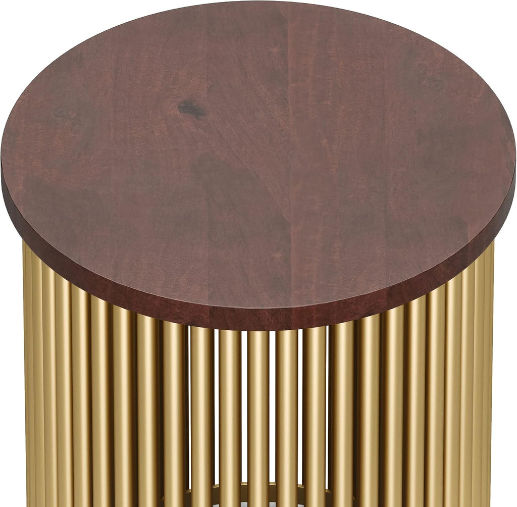 SIMPLIHOME Demy Metal and Wood Accent Table - 18 inch Wide Solid Metal Round End Table in Cognac and Gold, Contemporary Side Table or Coffee Table for Living Room with Compact Design, Assembled
