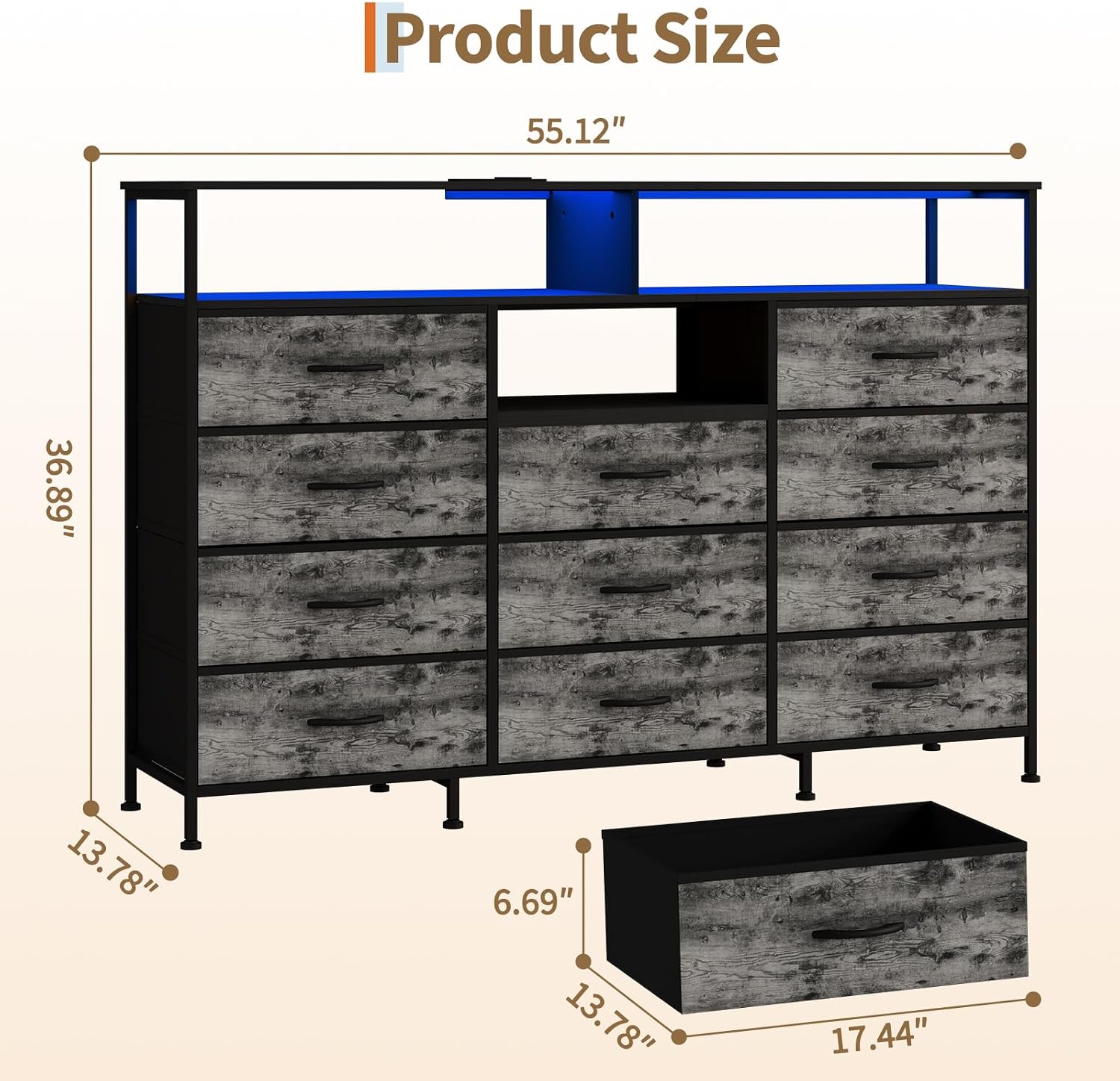 Dresser for Bedroom with LED Lights & Charging Station, 11 Drawer Dressers & Chests of Drawers, Steel Frame, Wood Top, 55 ' Fabric Dresser TV Stand for Bedroom,Hallway, Storage Organization, Entryway