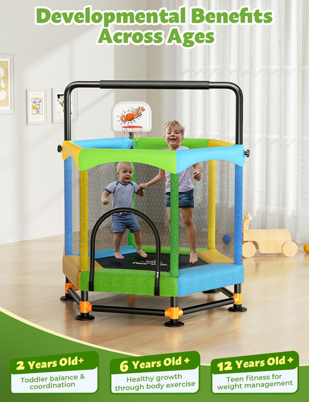Twinkoo Toddler Trampoline for Kids with Foam Handle, Anti-Tilt Frame & Thick Padded Spring Cover, Indoor Outdoor Mini Trampoline, Easy Assembly Active Play Toy Gift for Boys Girls