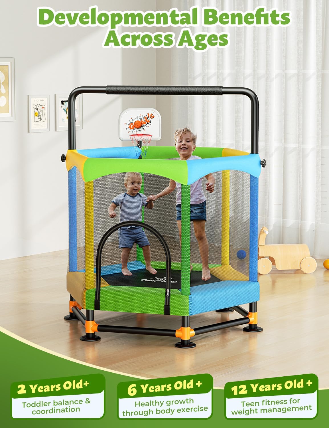Twinkoo Toddler Trampoline for Kids with Foam Handle, Anti-Tilt Frame & Thick Padded Spring Cover, Indoor Outdoor Mini Trampoline, Easy Assembly Active Play Toy Gift for Boys Girls