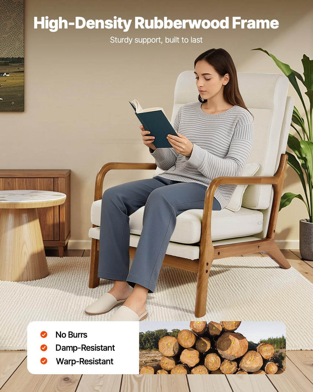 VEVOR Accent Chair, High Back Mid Century Modern Armchair with Solid Wood Frame and Non-Slip Legs, Upholstered Leisure Chair with Linen Fabric and 5.3 in Thickened Cushion, for Living Room, Bedroom