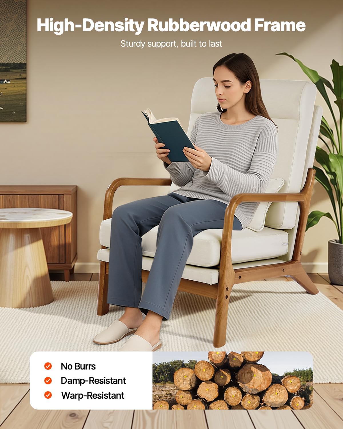 VEVOR Accent Chair, High Back Mid Century Modern Armchair with Solid Wood Frame and Non-Slip Legs, Upholstered Leisure Chair with Linen Fabric and 5.3 in Thickened Cushion, for Living Room, Bedroom