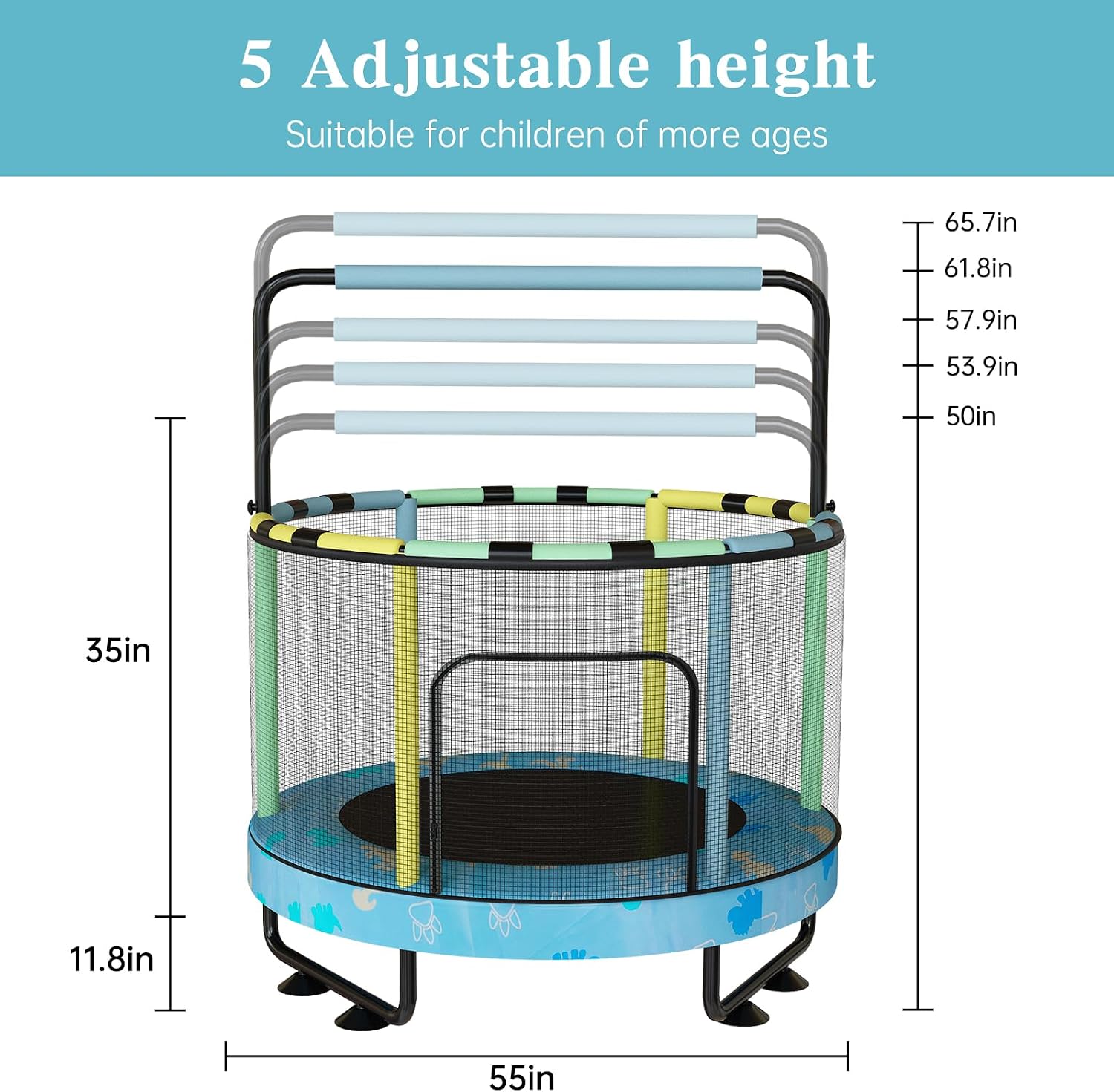 Lamerge Kids Trampoline, Toddler Bouncing Trampoline with Safety Enclosure Net, ASTM-Approved, 500lbs Capacity, Ages 1-8, Adjustable Handrail, 7-in-1, 60'