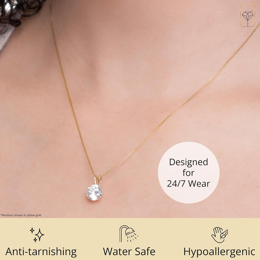 MAX + STONE 14k Gold 8mm Round Solitaire Cubic Zirconia Pendant Necklace for Women with 18 Inch Box Chain