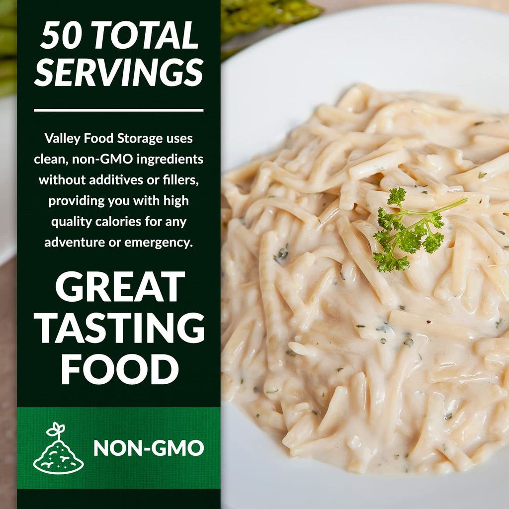 Valley Food Storage Fettuccine Alfredo | 10-Bag Bucket, 50 Servings | Premium Emergency Food Supply, 25 Year Shelf Life | Survival Meal Kits, Prepper Food, Camping & Long Term Food Storage | Packaged in USA