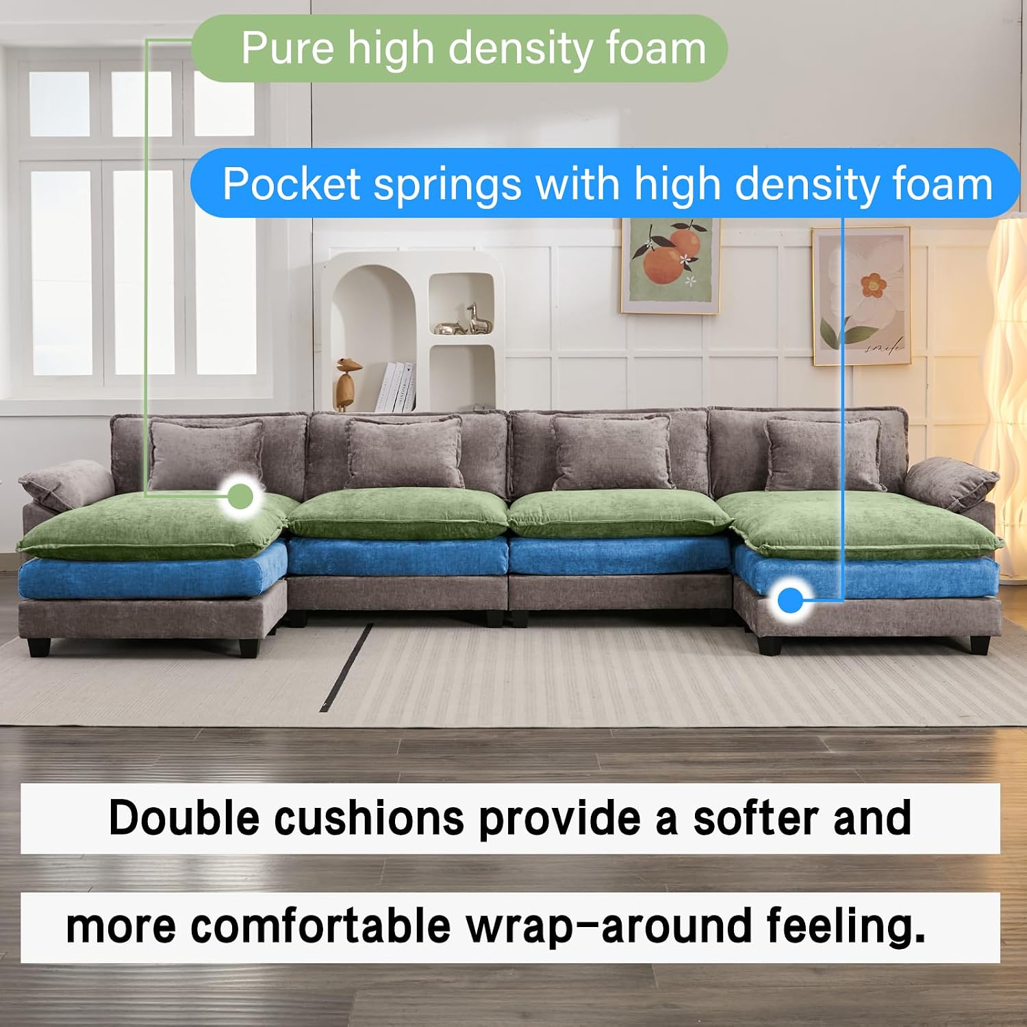 Oprisen 154' Modular Sectional Sofa, Comfy Cloud Couch Sectional Sofa with Ottoman, Chenille Sofa Sleeper Deep Seat Sofa with Throw Pillows for Living Room (Light Gray, 154'- U Shape)