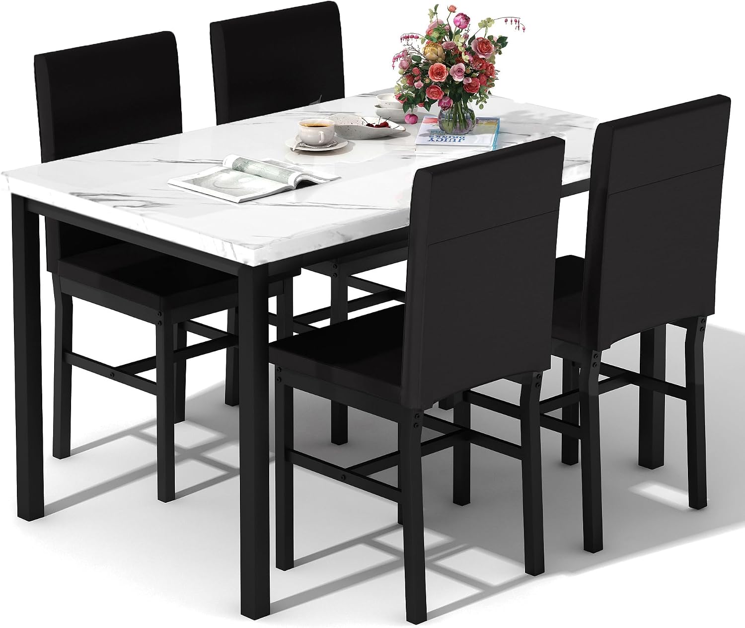 DKLGG Dining Table Set for 4, Modern Kitchen & Dining Room Sets Faux Marble Table with 4 Leather Chairs for Small Space, Home Kitchen, Apartment, White