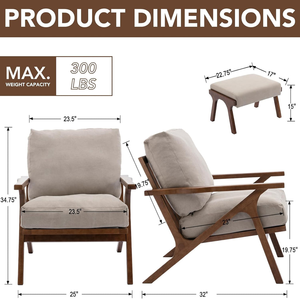 chairus Mid-Century Modern Accent Chair with Ottoman, Comfy Upholstered Lounge Armchair with Removable Cushions & Solid Wood Frame, Reading Chair for Living Room Bedroom Office, Beige Denim Fabric