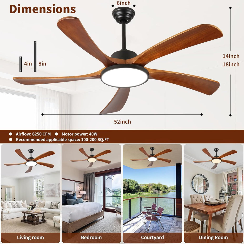 Wood Ceiling Fans with Lights and Remote Control LED Dimmable 52Inch Ceiling Fan DC Motor Reversible 5 Blade Wooden Ceiling Fans for Living Patio Matte Black