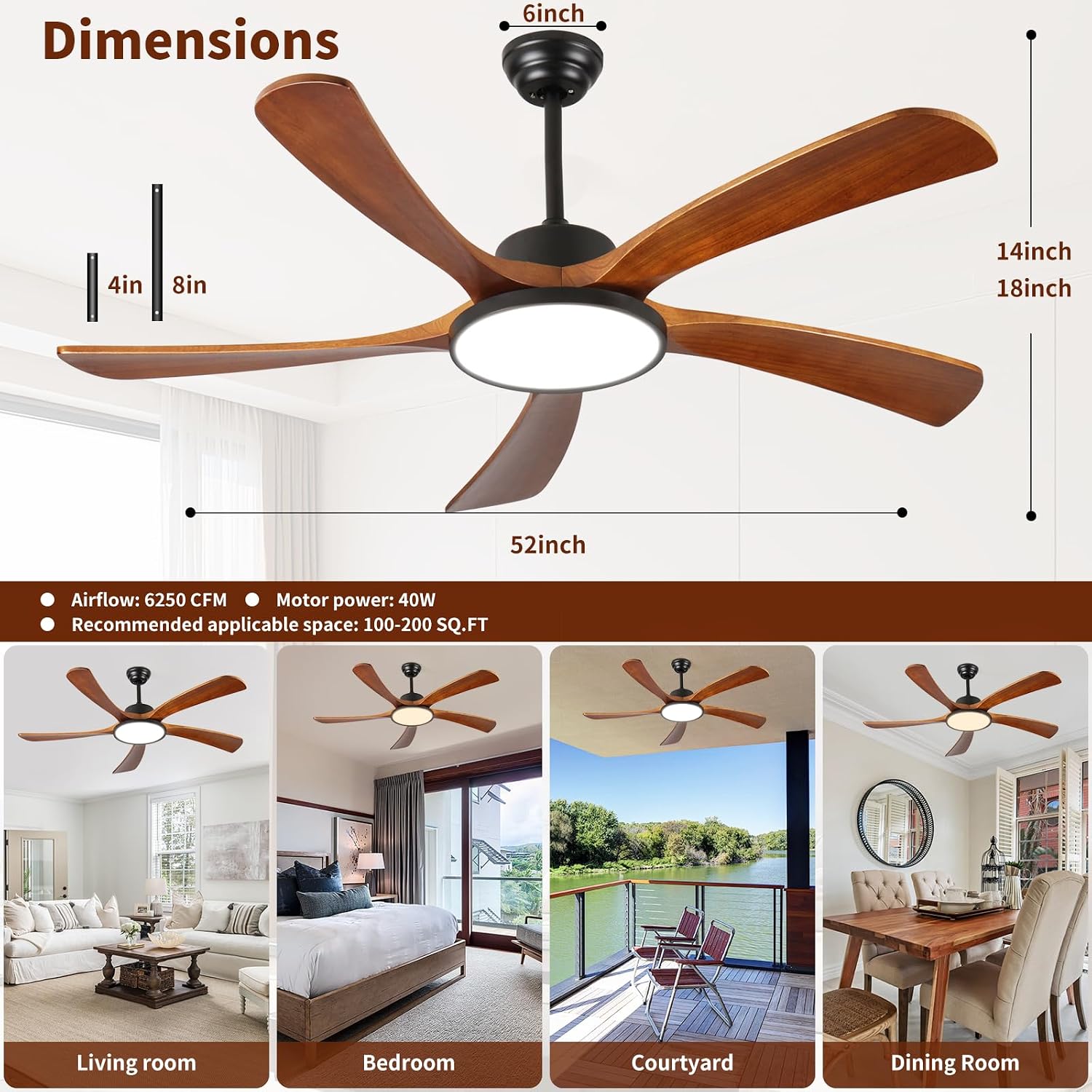 Wood Ceiling Fans with Lights and Remote Control LED Dimmable 52Inch Ceiling Fan DC Motor Reversible 5 Blade Wooden Ceiling Fans for Living Patio Matte Black