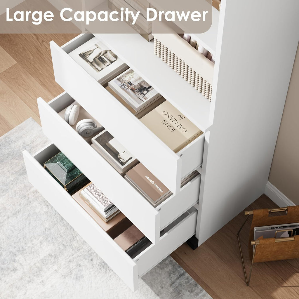 GarveeHome 70 in Bookcase with Drawers, Tall Bookshelf Farmhouse Bookcases Wooden Deep Bookshelves Storage Cabinet Organizer for Living Room, Study, Kitchen, Home Office(A-White)