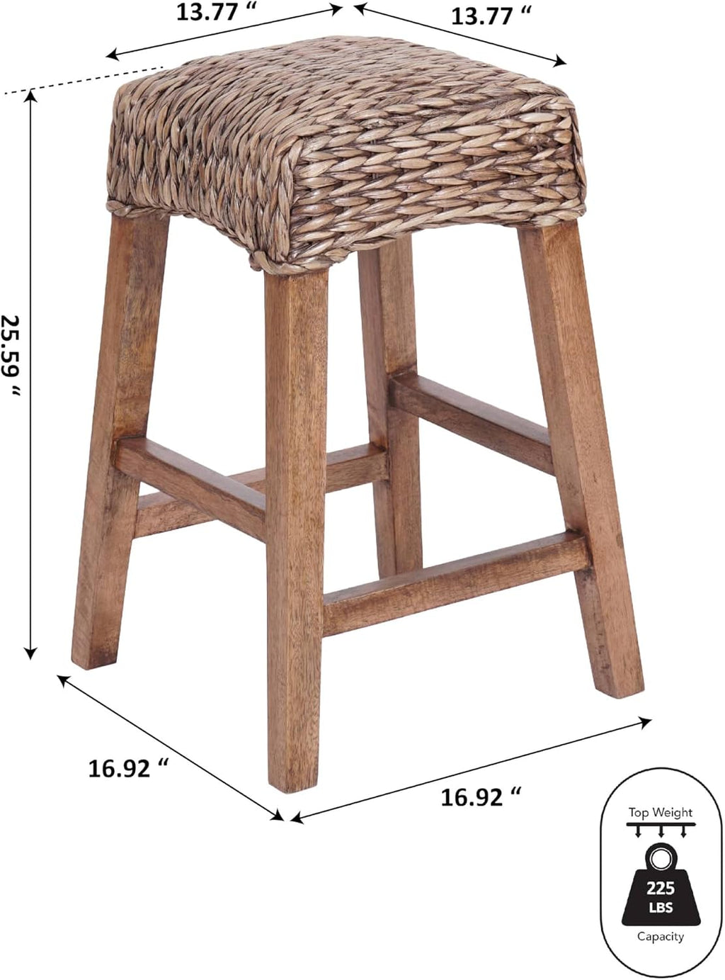 JONATHAN Y Maui Coastal Woven Water Hyacinth Counter Stool, Mango Wood Frame, 26' Backless Counter Stool for Kitchen Island with Integrated Footrest, Fully Assembled, Coastal, Brown Wash CSL1101A