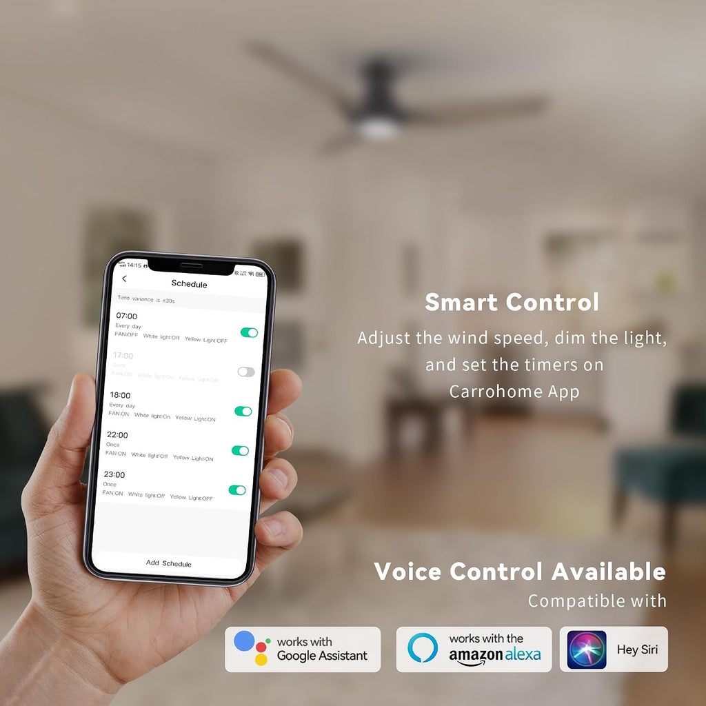 SMAFAN Smart Ceiling Fans with Lights Flush Mount 52', 3 Light Colors Dimmable, 10 Speeds DC Ceiling Fan with Remote, Outdoor Ceiling Fan Compatible with Alexa, Siri & Google Home, Black & Wood