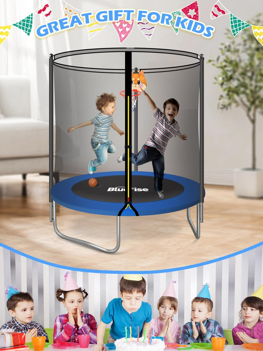 BLUERISE 55IN 6FT Toddler Trampoline for Kids Indoor Outdoor Play for Kids Trampoline Basketball Hoop Attachment with Enclosure Net Easy to Assemble